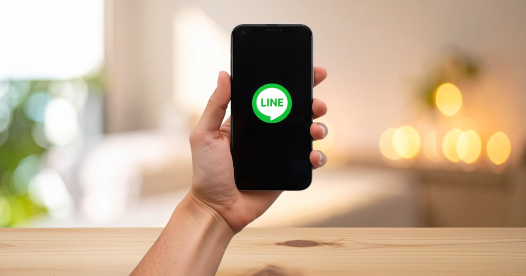 スマホを手に持っている。